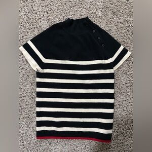 Anthropologie Maeve Black & Cream Striped Short Sleeve Sweater with Buttons